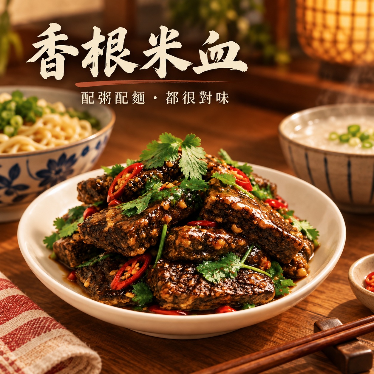 炳春海味香根米血200g台式涼拌小菜，米血搭配香料與辣椒料理擺盤