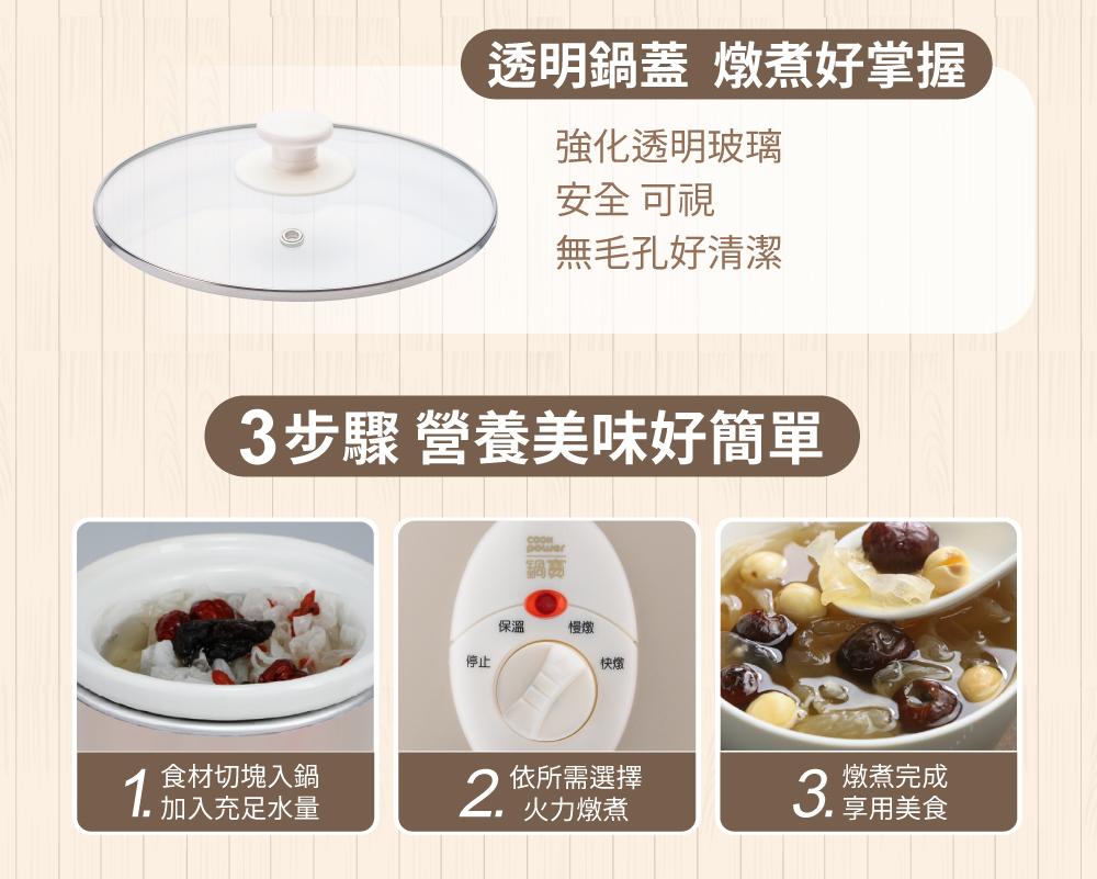 鍋寶養生燉鍋3.5L透明玻璃鍋蓋與放入食材選擇火力完成燉煮三步驟說明