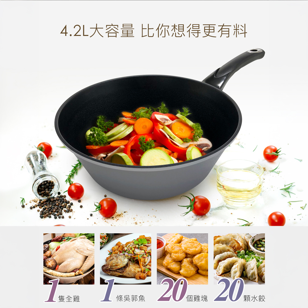 CUOCO石墨烯S3大寶鍋28cm約4.2L容量與全雞魚雞塊水餃料理容量示意