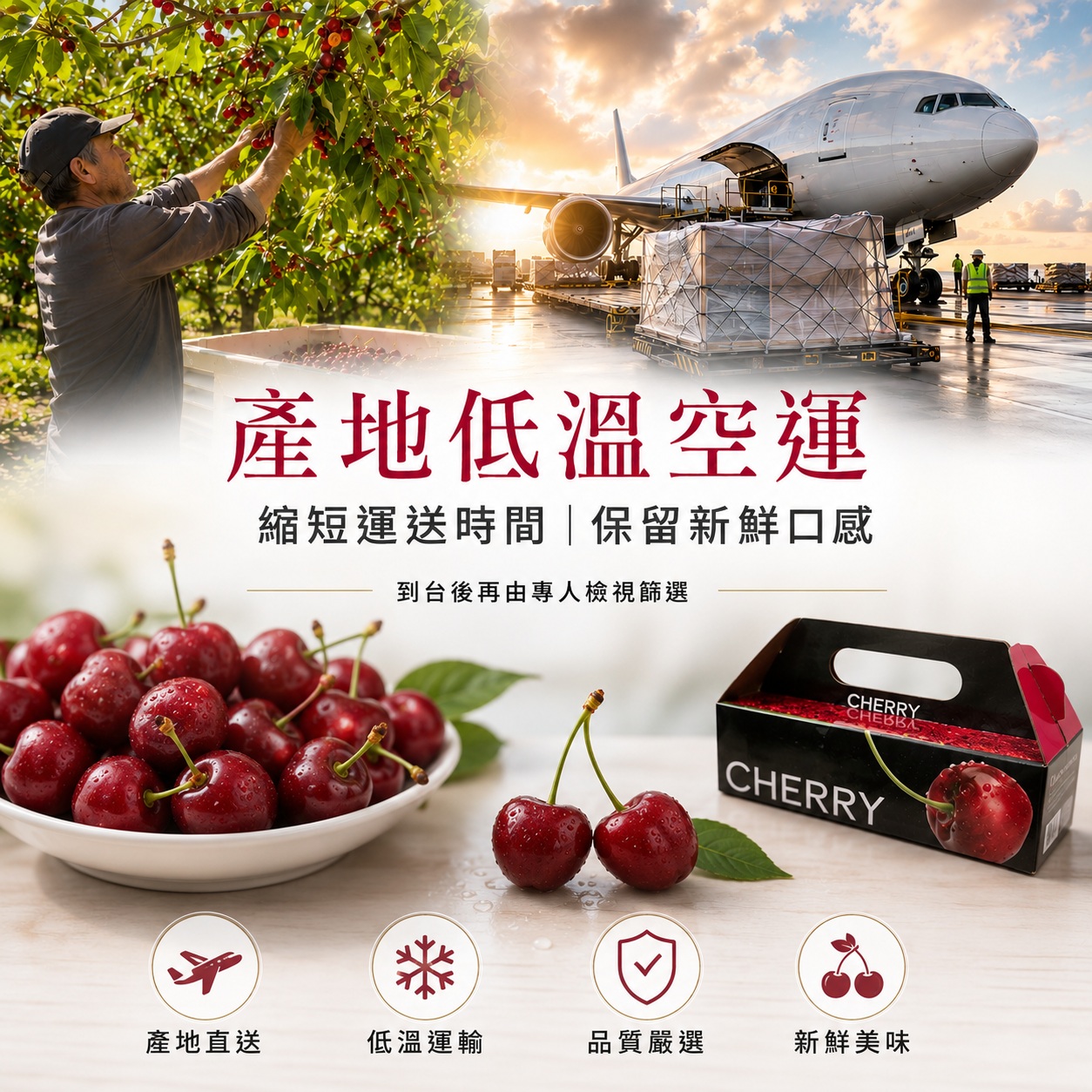 美國西北 ROSE 玫瑰紅櫻桃產地低溫空運，抵台後由專人檢視篩選