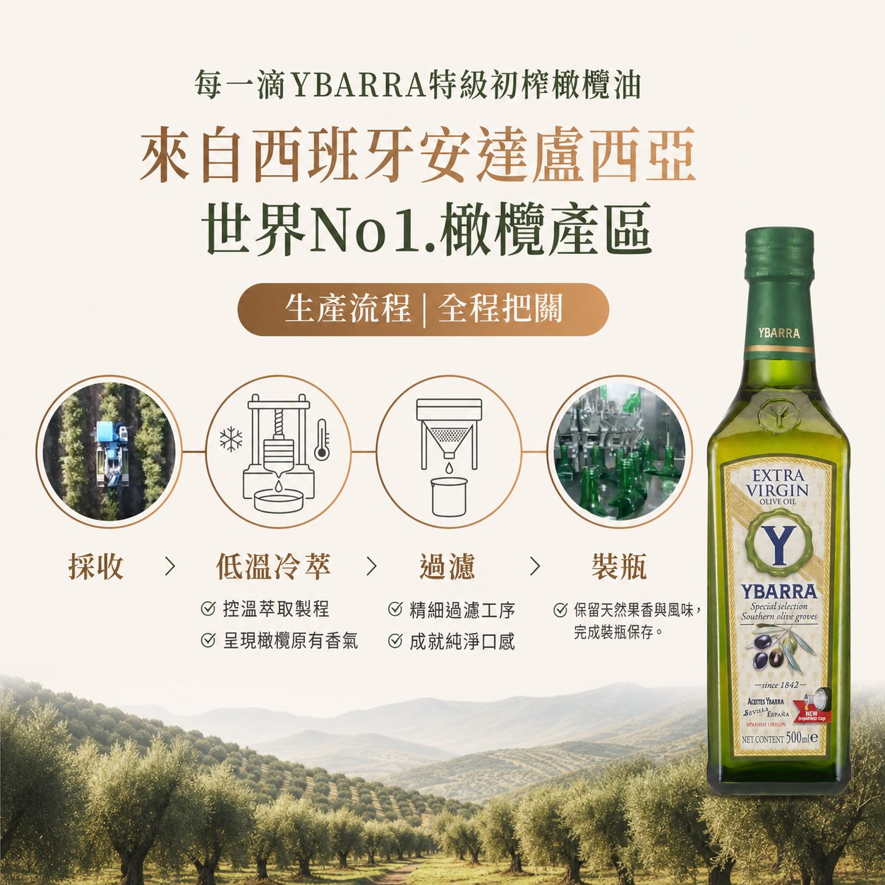 YBARRA益百萊特級初榨橄欖油冷萃製程、酸價0.26%、橄欖多酚與Omega 9特色