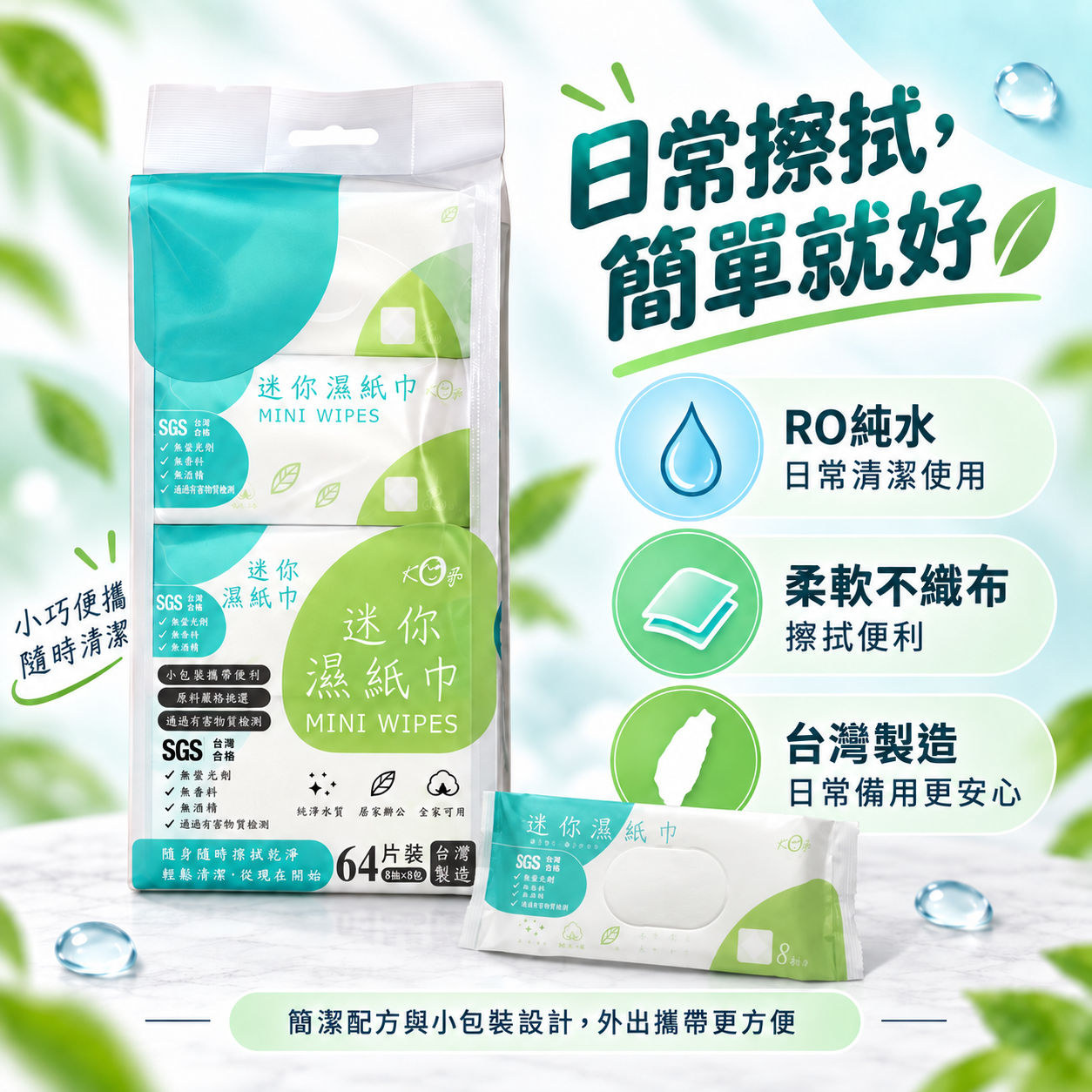 宏瑋迷你濕紙巾RO純水、柔軟不織布與台灣製造三項商品特色說明