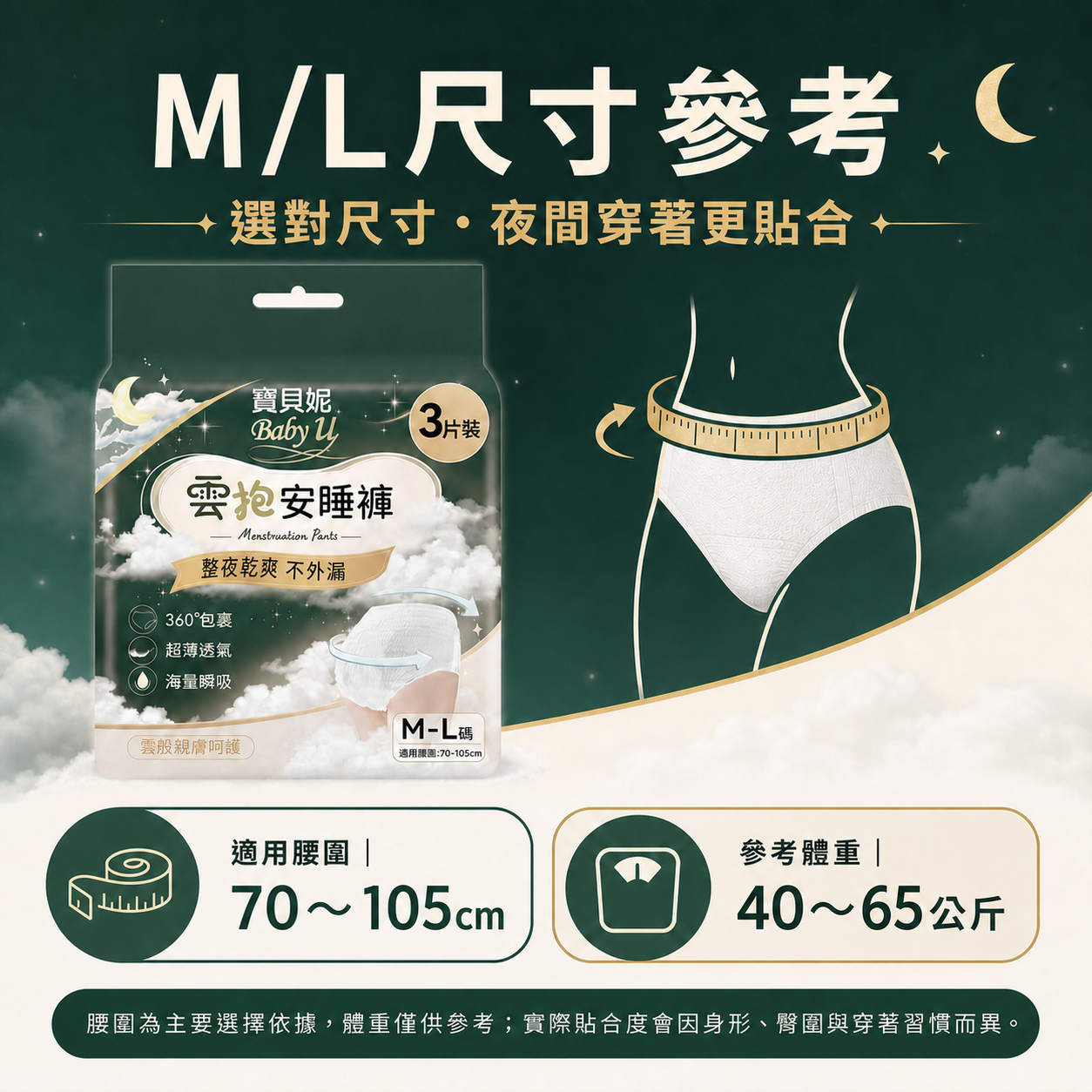寶貝妮雲抱安睡褲M/L碼適用腰圍70至105公分與參考體重40至65公斤尺寸說明