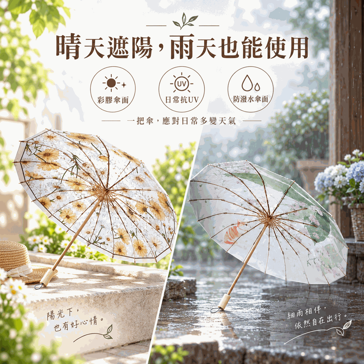 Hirone彩膠晴雨傘晴雨兩用情境,展示彩膠傘面、日常抗UV與防潑水傘面設計