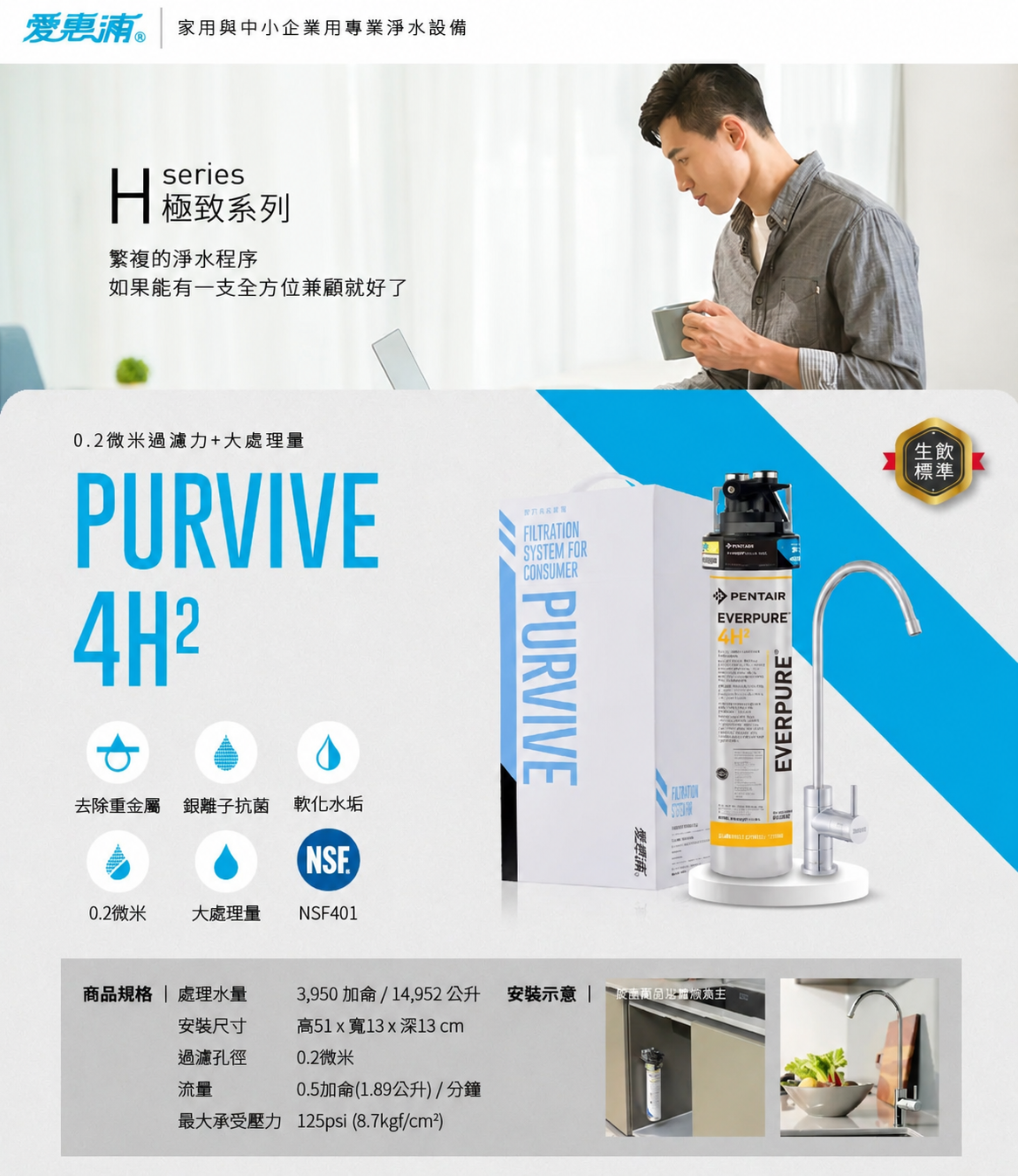 愛惠浦 PurVive 4H² 淨水設備主視覺,包含濾芯、專用龍頭與商品規格