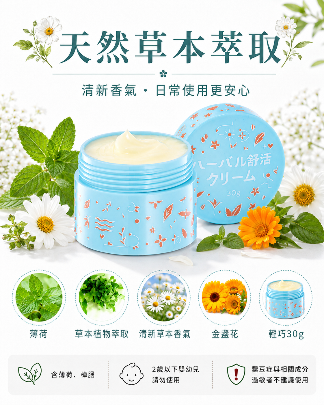 草本舒活霜日本加強版草本成分與使用提醒，含薄荷、樟腦，蠶豆症與 2 歲以下嬰幼兒請避免使用