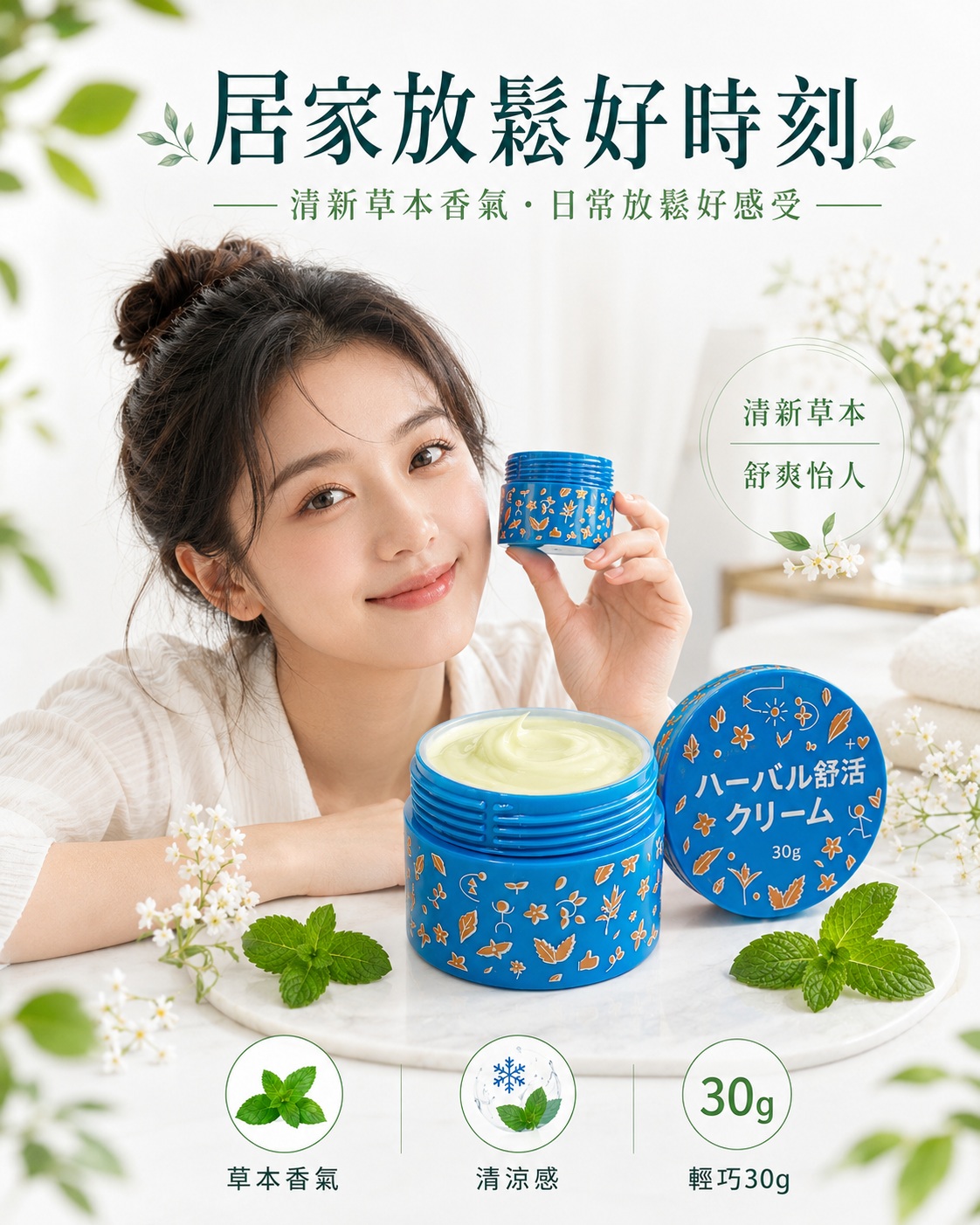 草本舒活霜日本限定加強版 30g 亮藍圓罐，人物居家放鬆情境，呈現清新草本香氣、清涼感與輕巧包裝