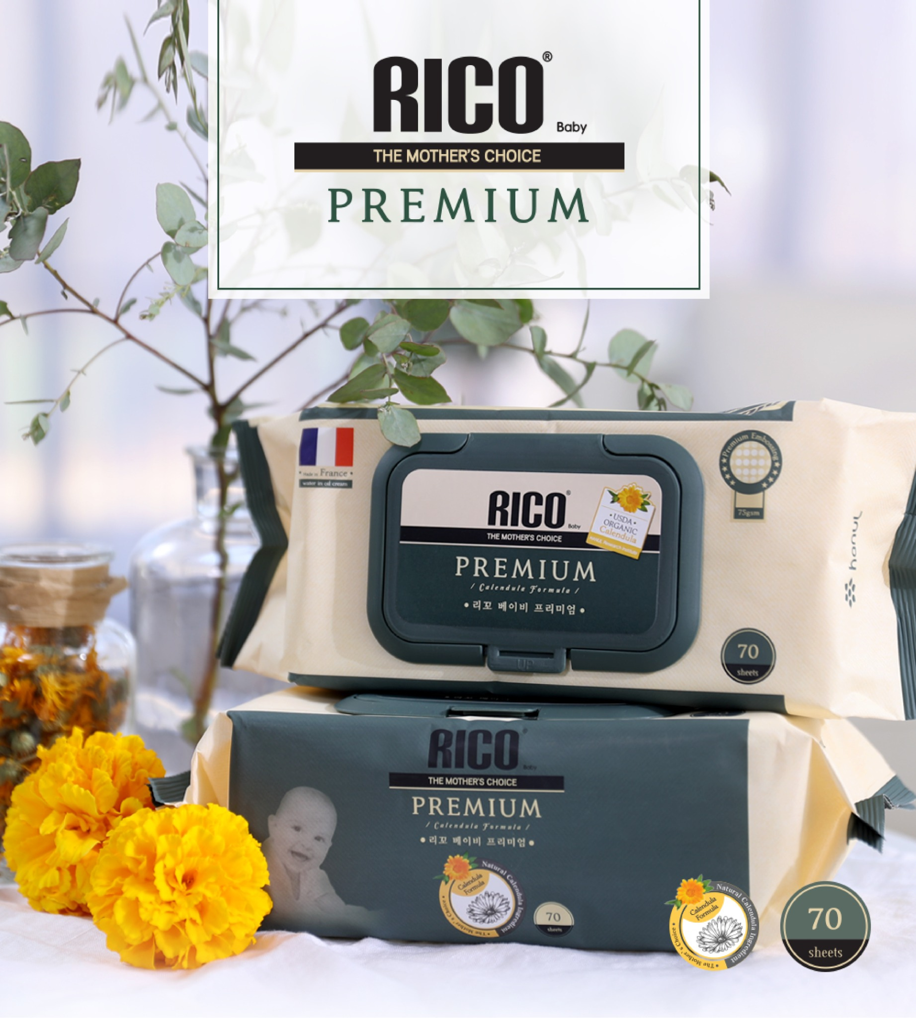 RICOBaby金盞花濕紙巾綜合14件組Premium Signature Sensitive與LaLaLa酪梨濕紙巾組合展示