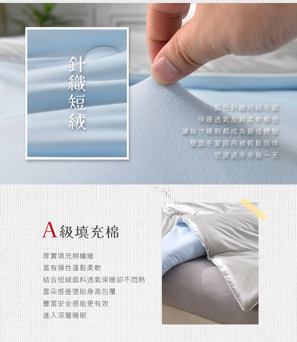 無羊瞬涼針織冬夏雲朵被，手指提起淺藍針織布面，下方展示銀灰與淺藍雙面被體及蓬鬆厚度