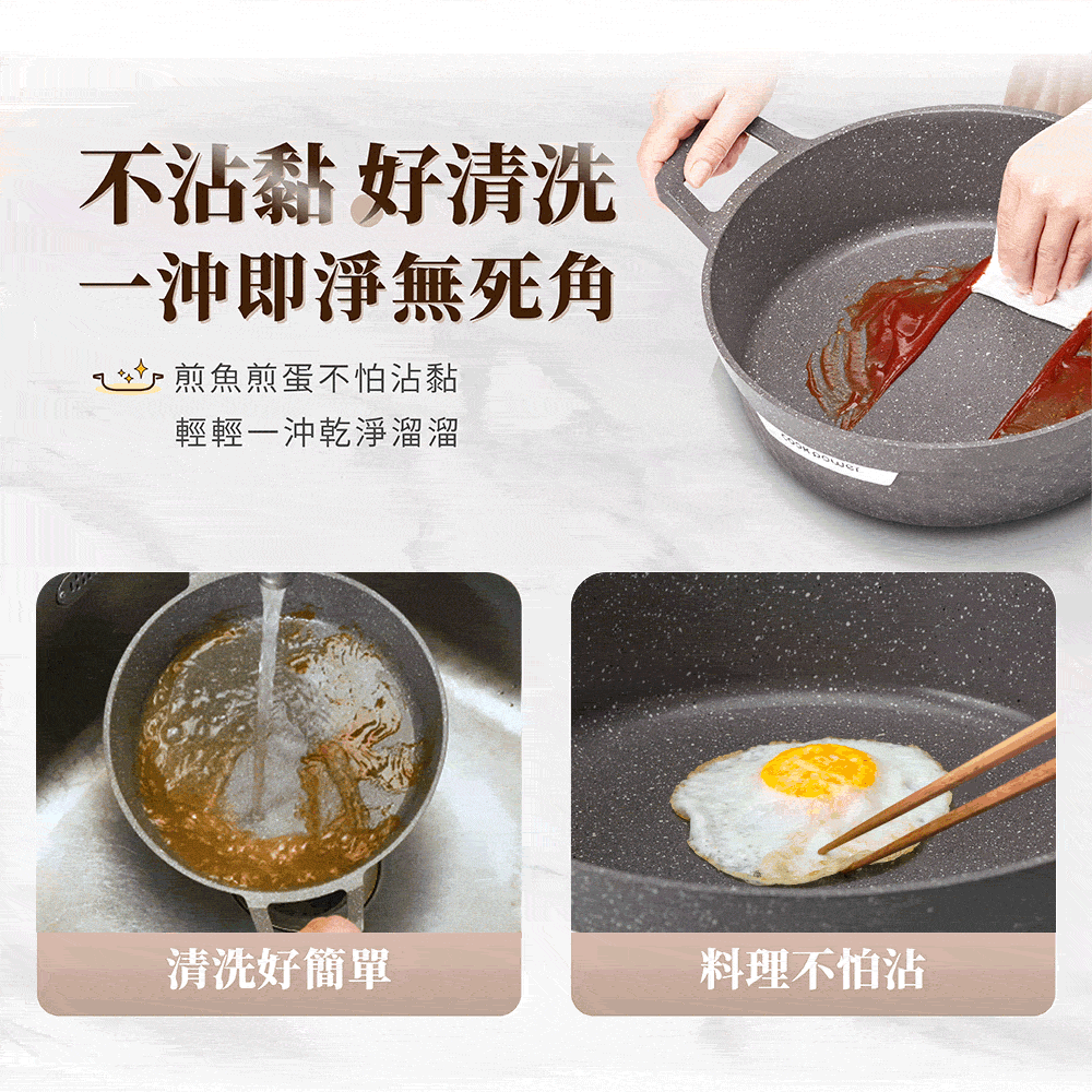 鍋寶鑄造大理石不沾萬用鍋28cm料理操作與不沾效果動態示意