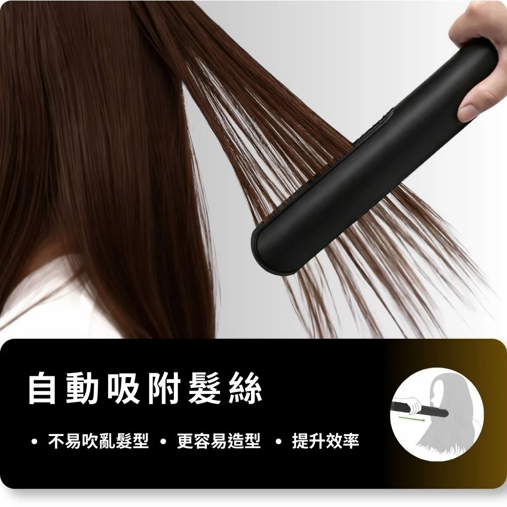 AeroStrait+ 氣流自動吸附髮絲進行直順造型示意