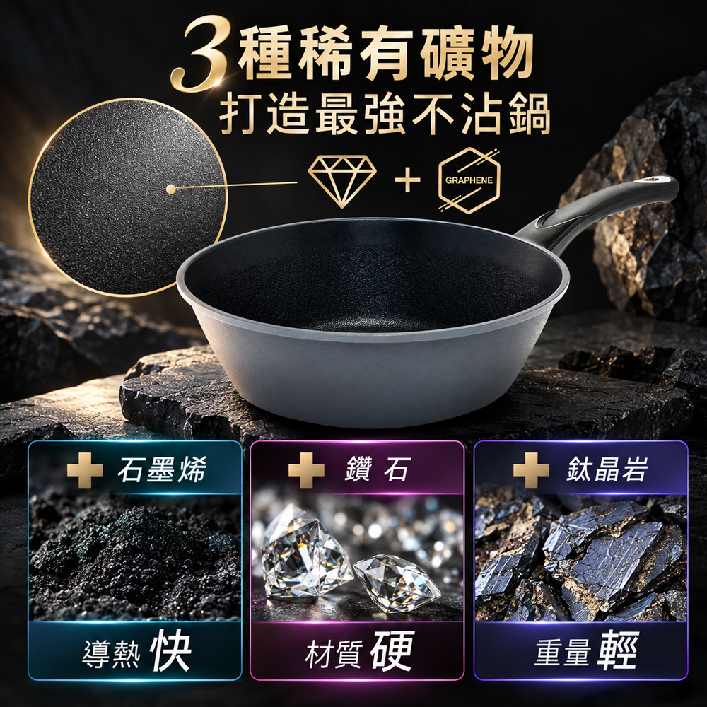 CUOCO石墨烯S3大寶鍋石墨烯鑽石微粒與鈦晶岩複合材質特色圖