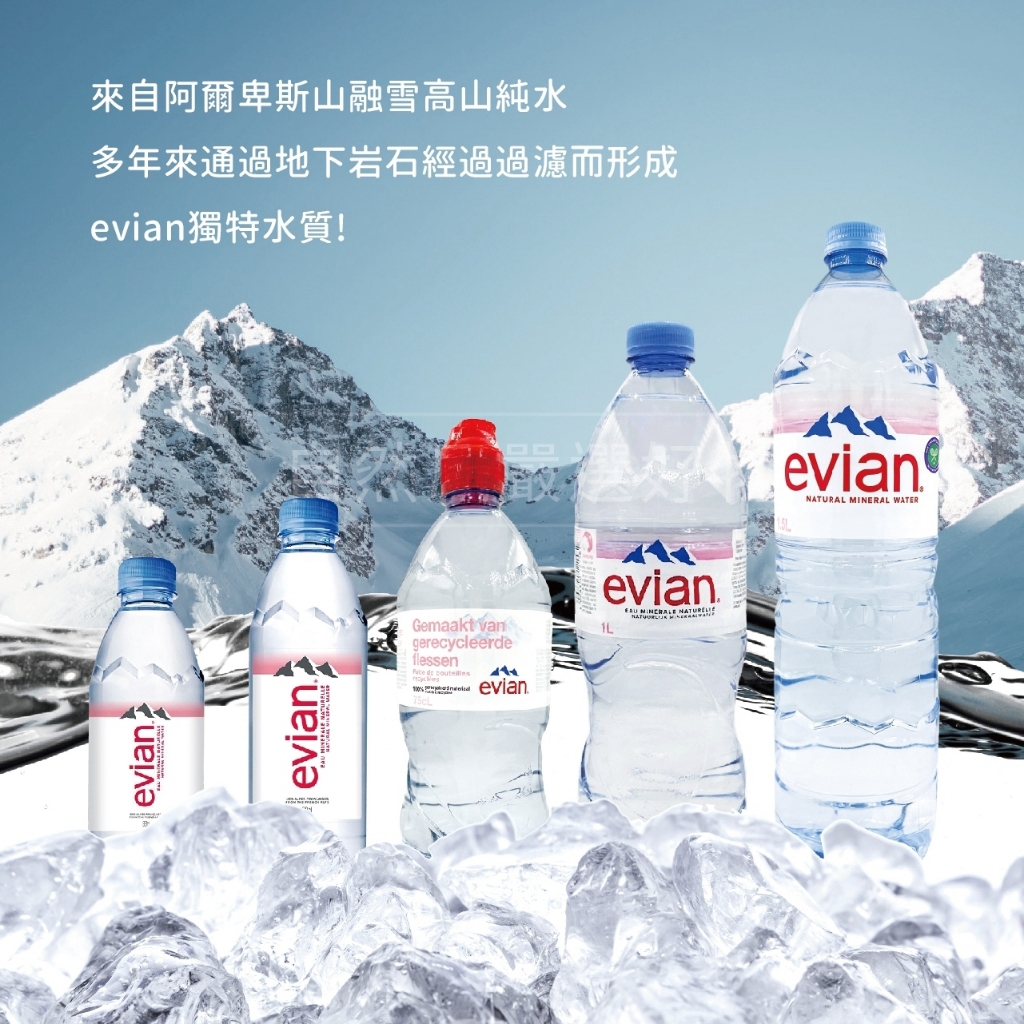 evian依雲多種容量瓶裝展示,阿爾卑斯山融雪高山純水形象圖。