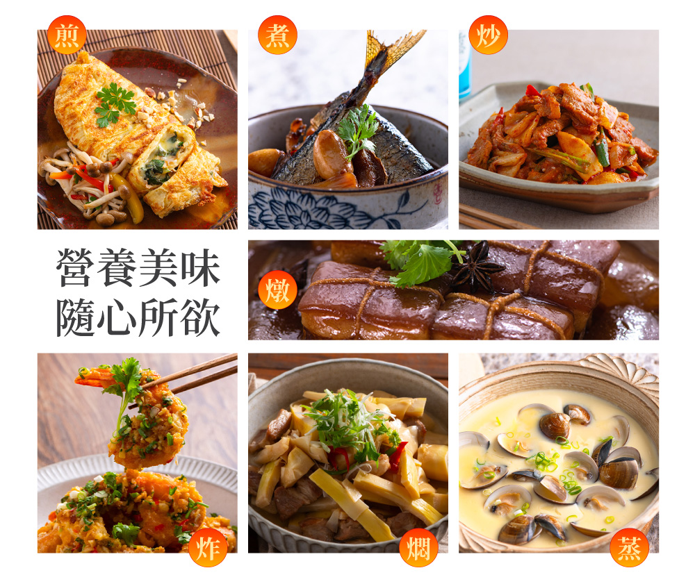 鍋寶煎大師18-10不鏽鋼炒鍋煎煮炒燜炸蒸六種家常料理應用示意