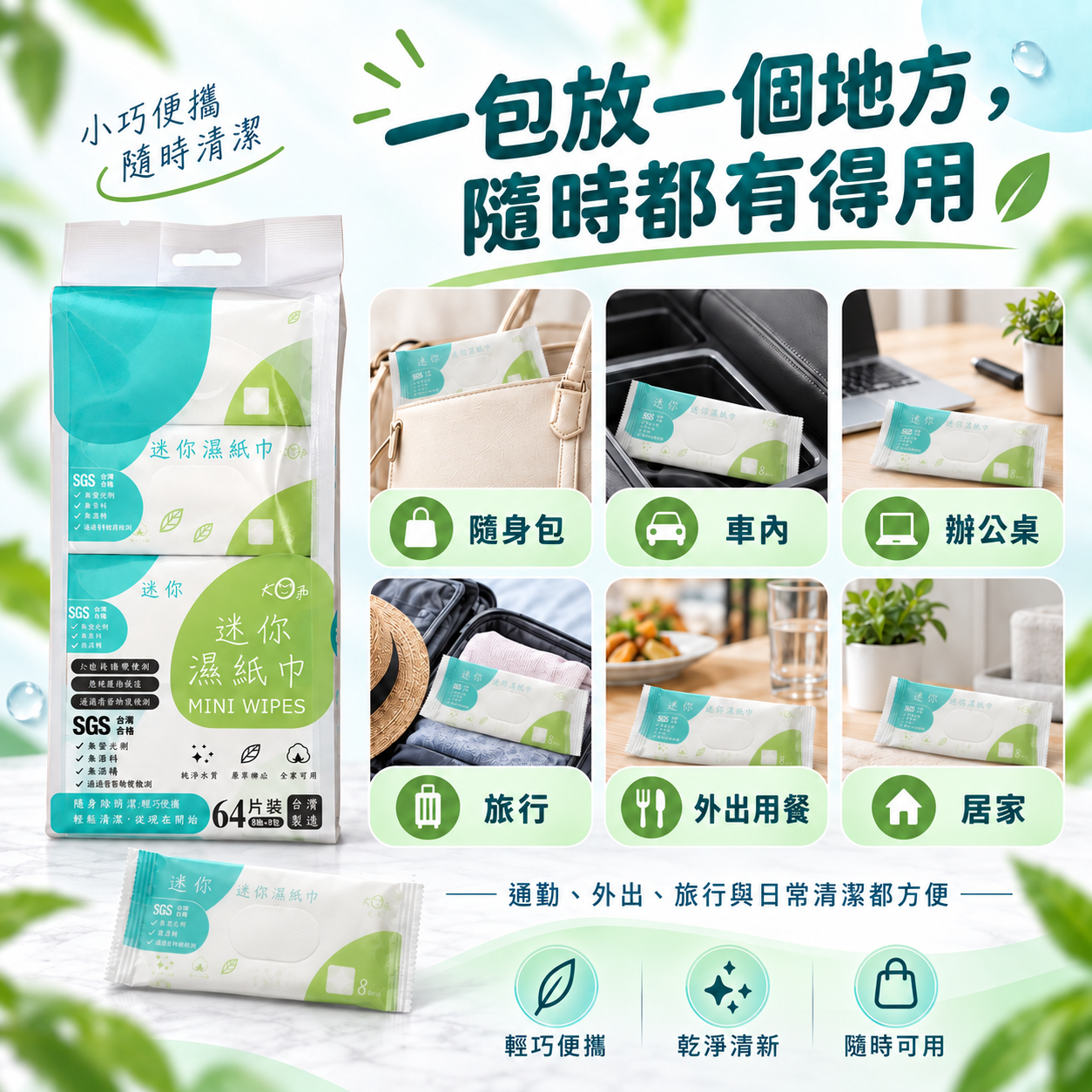 宏瑋迷你濕紙巾使用情境，適合隨身包、車內、辦公桌、旅行、外出用餐與居家備用