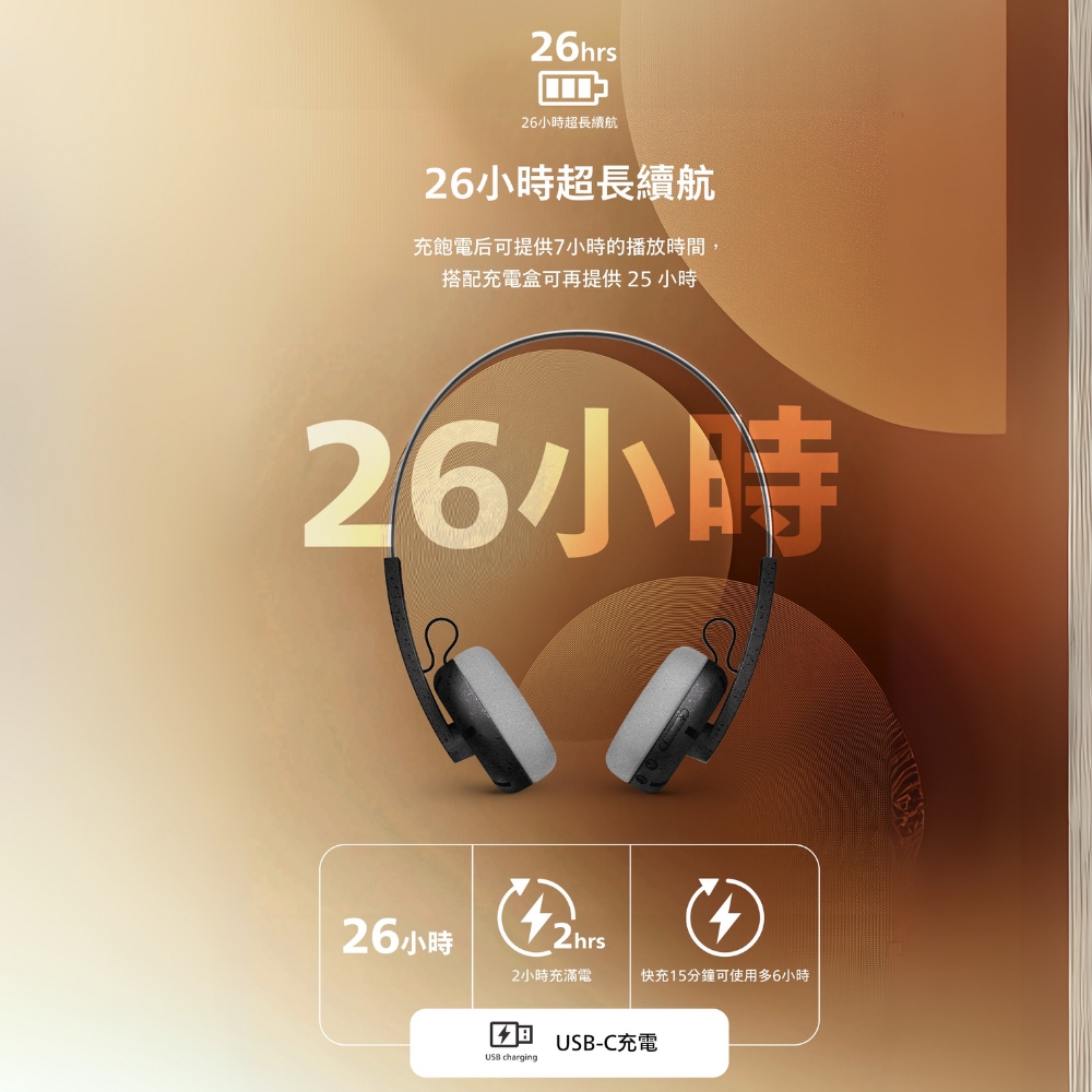PHILIPS TAH2000藍牙耳機最長約26小時續航USB-C與快速充電介紹