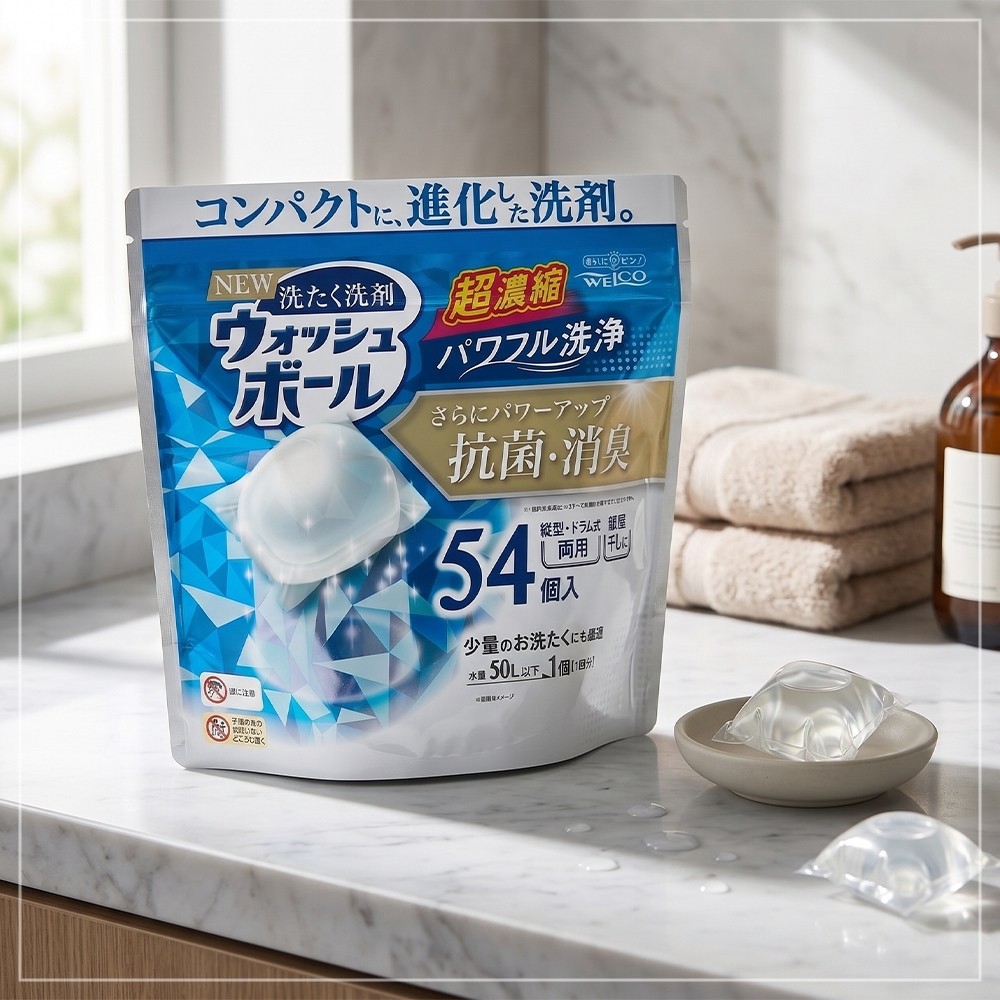 WELCO 超濃縮洗衣膠球包裝與浴室毛巾情境產品展示。