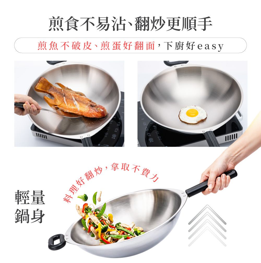 鍋寶煎大師18-10不鏽鋼炒鍋煎魚煎蛋與蔬菜翻炒料理操作示意