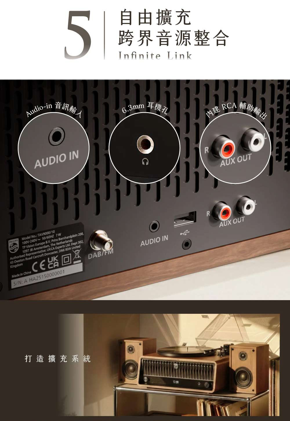 PHILIPS The Tina TAV9000藍牙5.4 Auracast廣播接收與多裝置連接示意