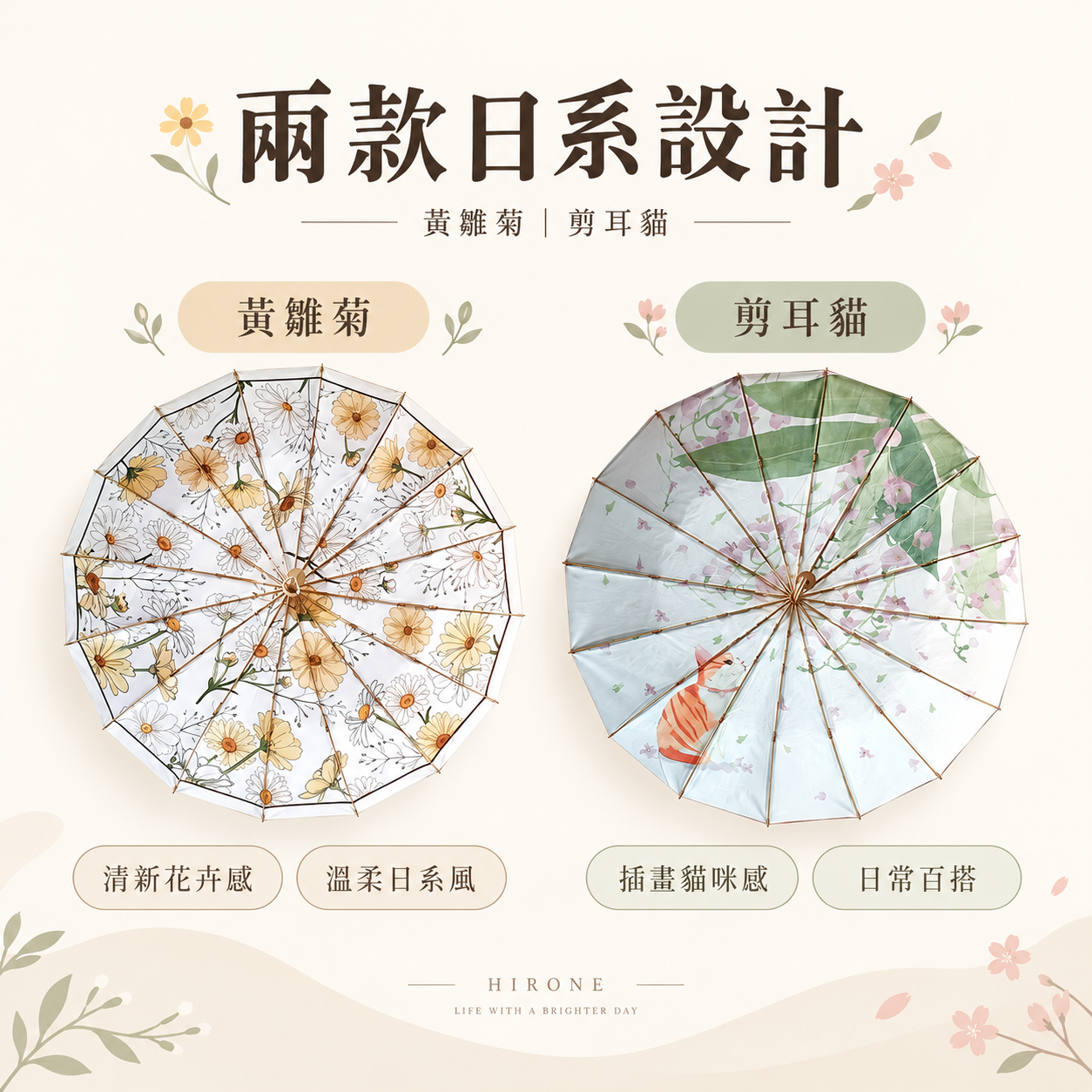 Hirone彩膠晴雨傘黃雛菊與剪耳貓兩款傘內圖案設計對照