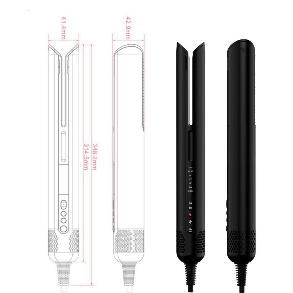 AeroStrait+ 氣流直髮吹風機機身尺寸與正面側面外觀圖