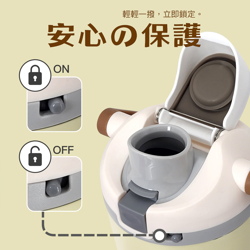 HIRONE奶霜彈跳杯杯蓋安全鎖ON與OFF切換及開蓋結構示意