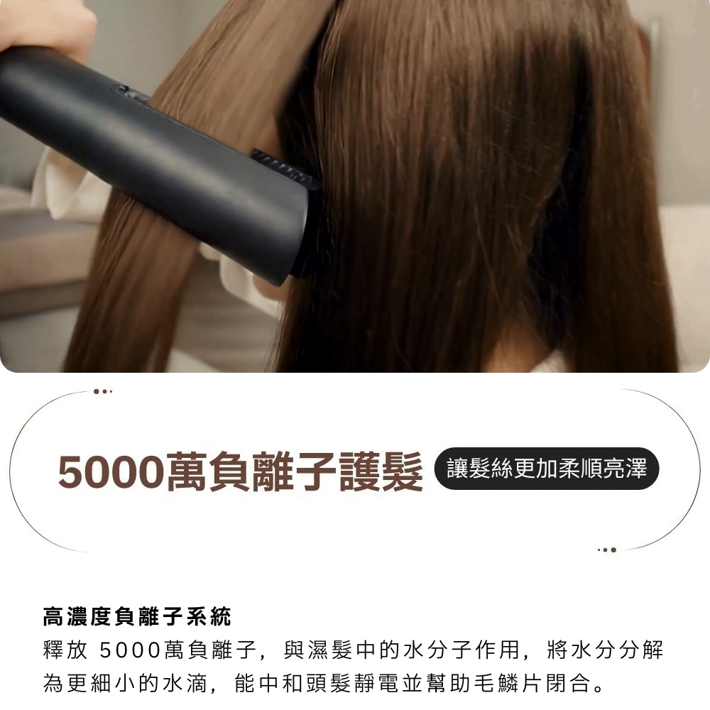AeroStrait+ 5000萬負離子系統與髮絲整理使用示意