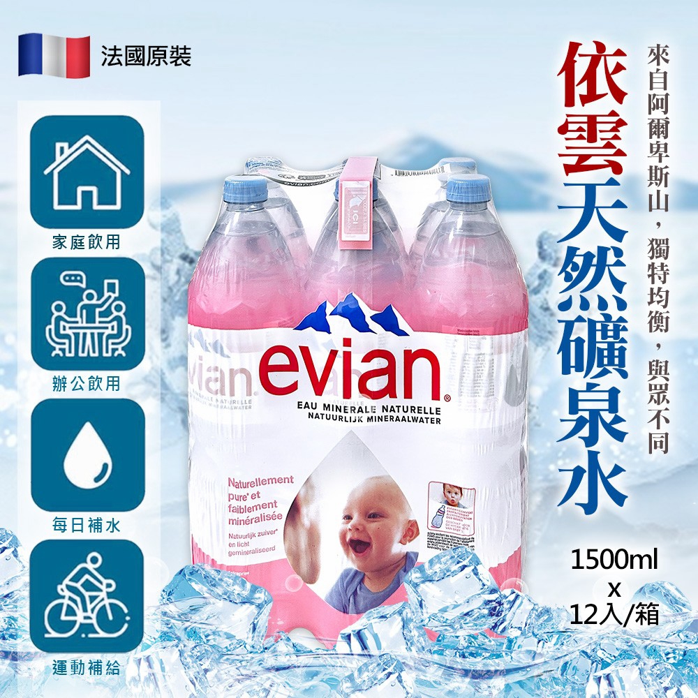 evian依雲1500ml箱裝,家庭飲用、辦公飲用、每日補水與運動補給情境。