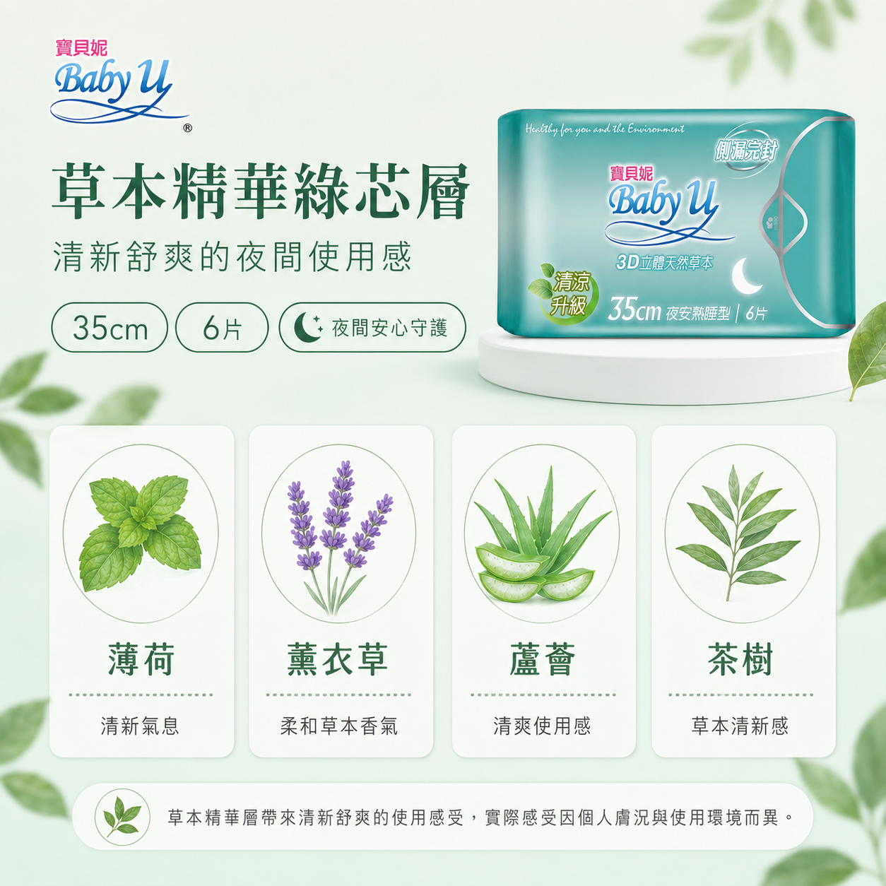 寶貝妮35cm衛生棉草本精華綠芯層與薄荷薰衣草蘆薈茶樹成分展示
