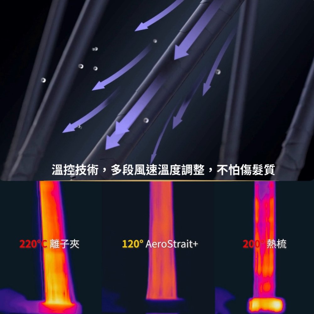 AeroStrait+ 氣流溫度與傳統造型工具熱影像比較示意