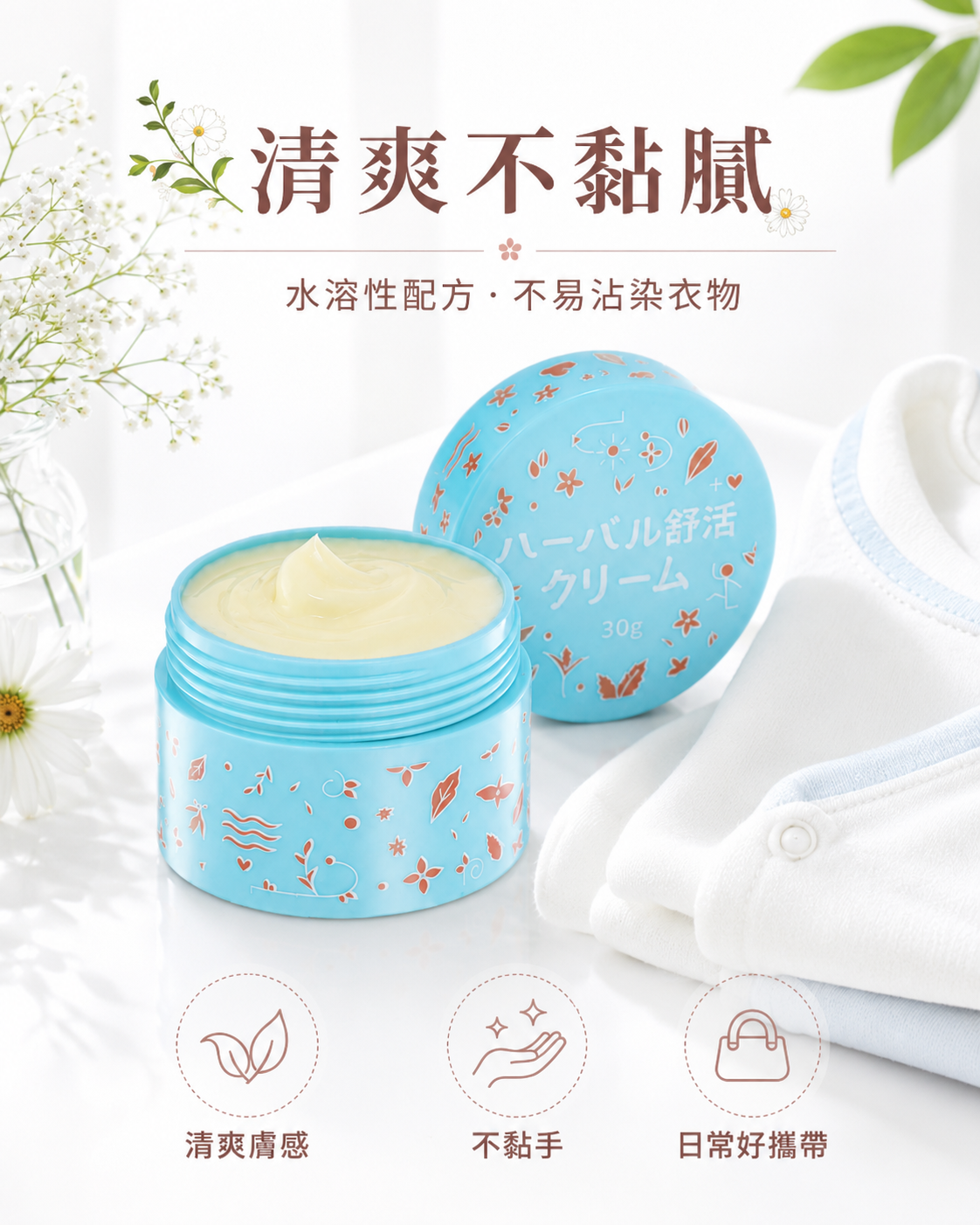 草本舒活日本加強版 30g 軟膏,水溶性配方清爽不黏膩,不易沾染衣物
