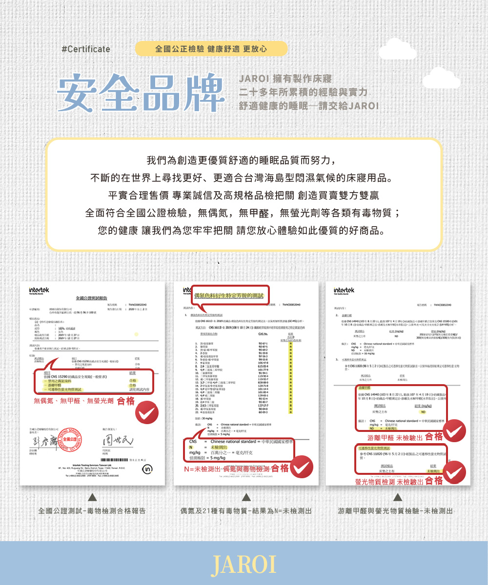 JAROI無羊瞬涼針織冬夏雲朵被品牌介紹，搭配Intertek偶氮染料、游離甲醛與螢光物質檢驗報告摘圖