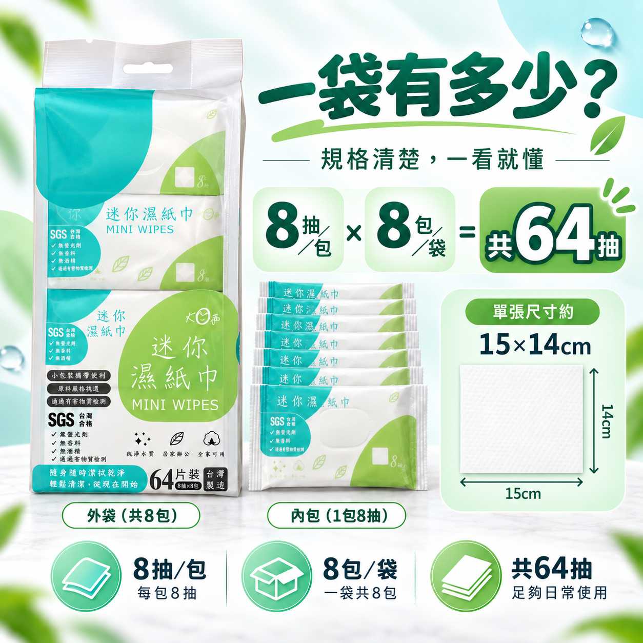 宏瑋迷你濕紙巾規格說明，每包8抽、每袋8包共64抽，單張尺寸約15乘14公分
