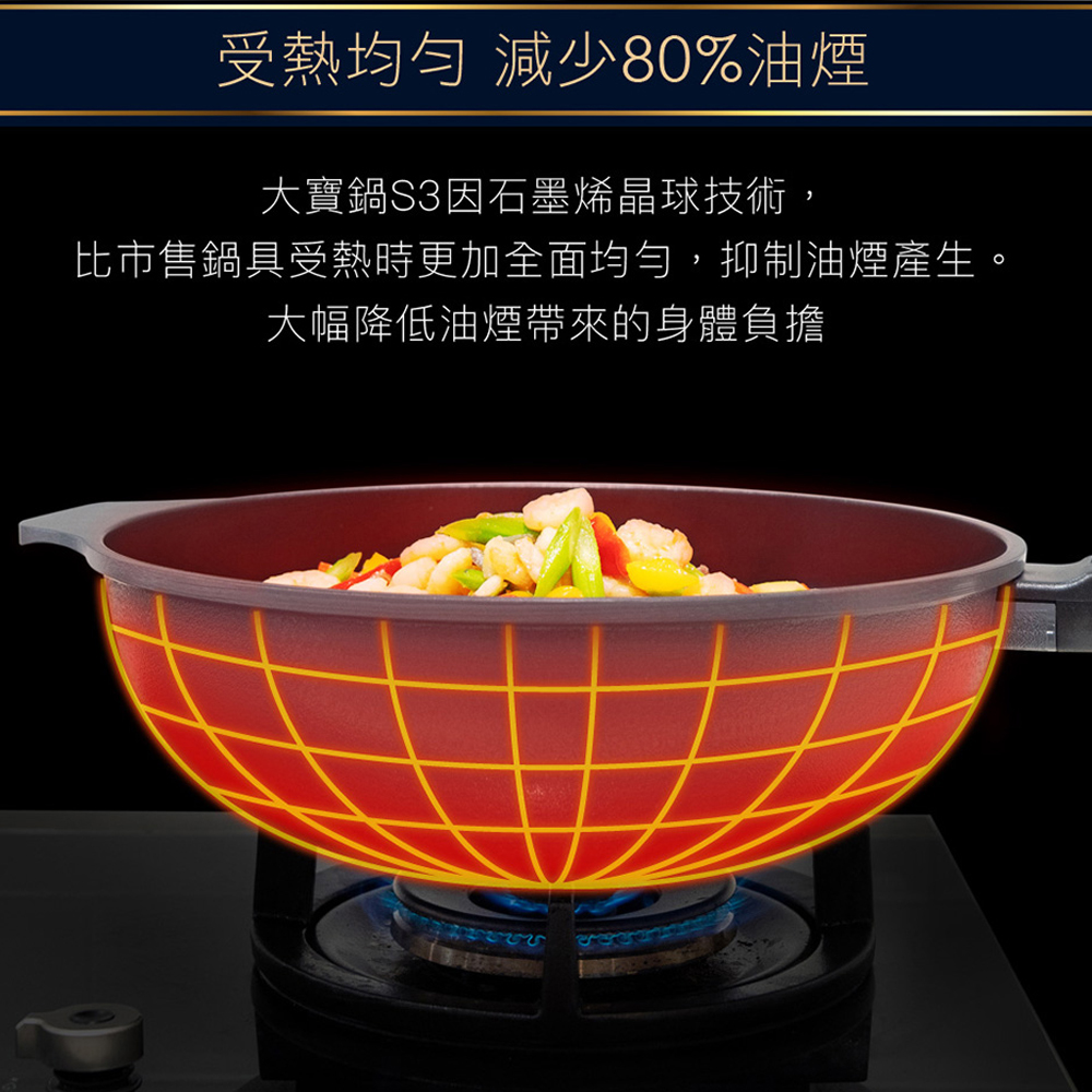 CUOCO石墨烯S3大寶鍋鍋體均勻受熱與熱炒料理示意