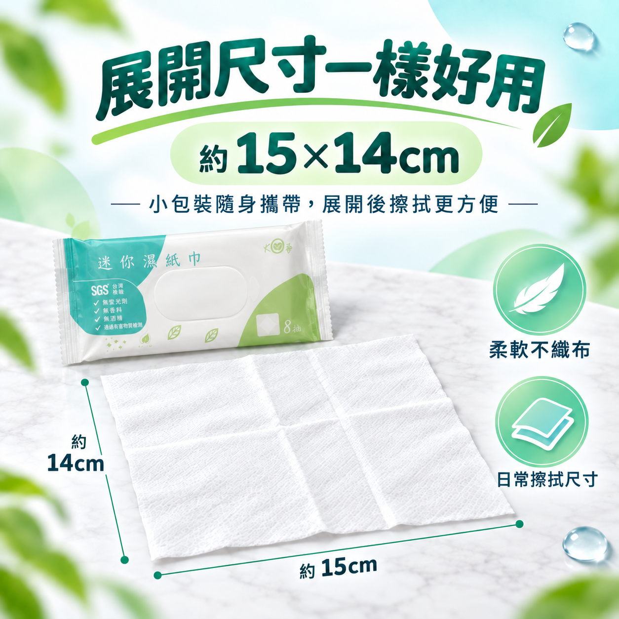 宏瑋迷你濕紙巾展開尺寸約15乘14公分，柔軟不織布與日常擦拭尺寸示意