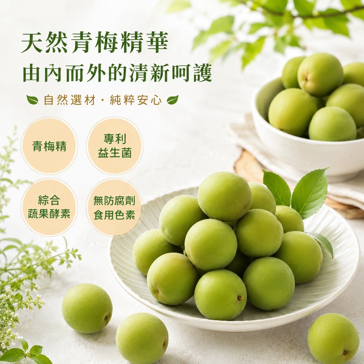 馬湛農場暢消梅青梅精華介紹，青梅精、專利益生菌、綜合蔬果酵素與獨立包裝特色。