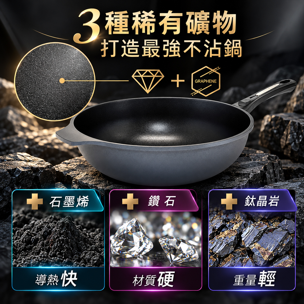 CUOCO石墨烯S3大寶鍋石墨烯鑽石微粒與鈦晶岩複合鍋體材質介紹