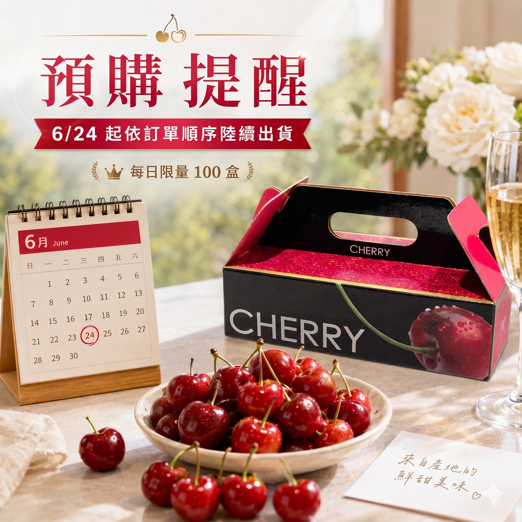 販奇好食 ROSE 玫瑰紅櫻桃黑桃紅手提禮盒包裝，適合自用、家庭分享與夏季送禮