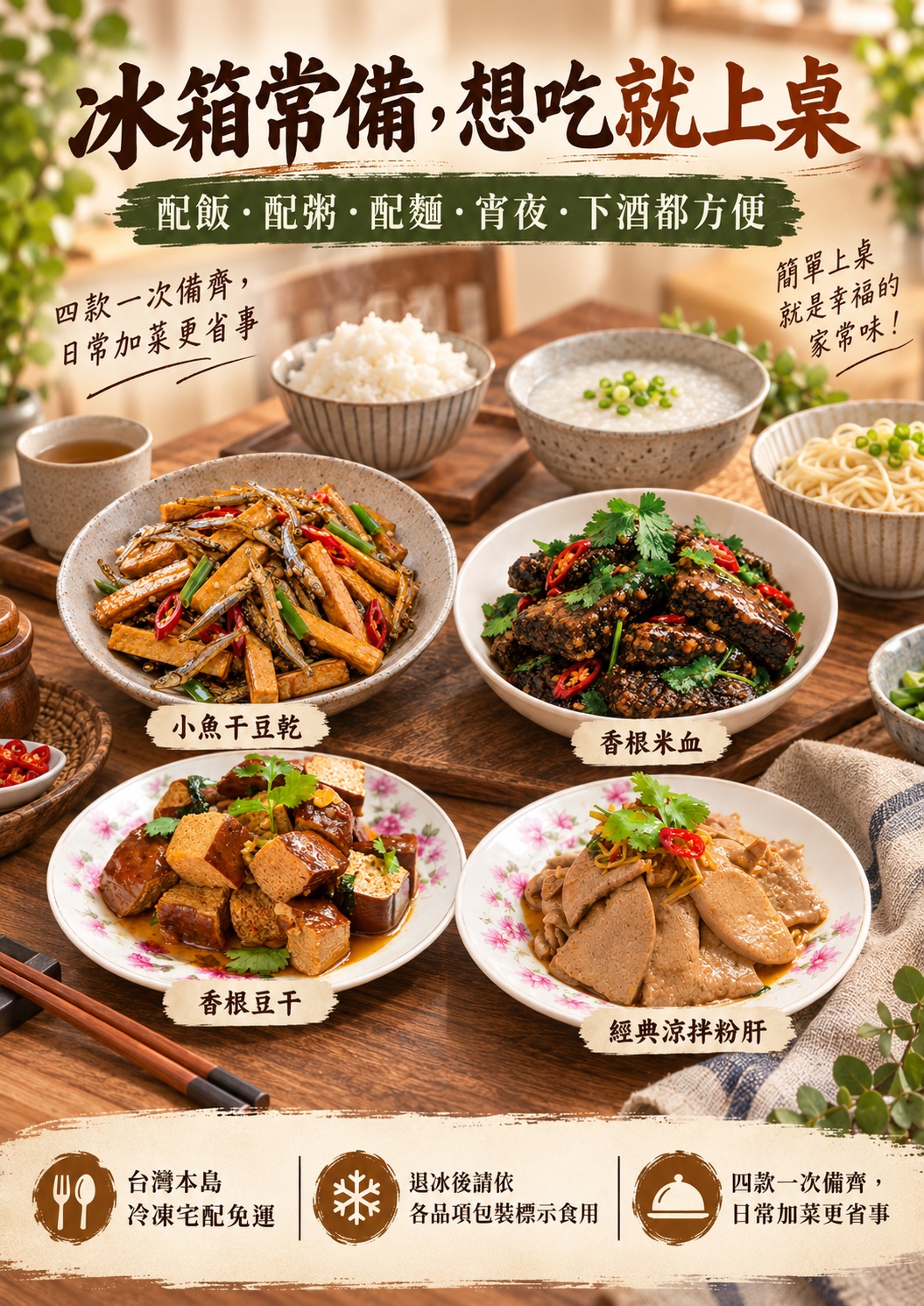 炳春海味經典涼拌4+1件組冰箱常備情境，小魚干豆乾、香根米血、香根豆干與涼拌粉肝搭配飯粥麵食