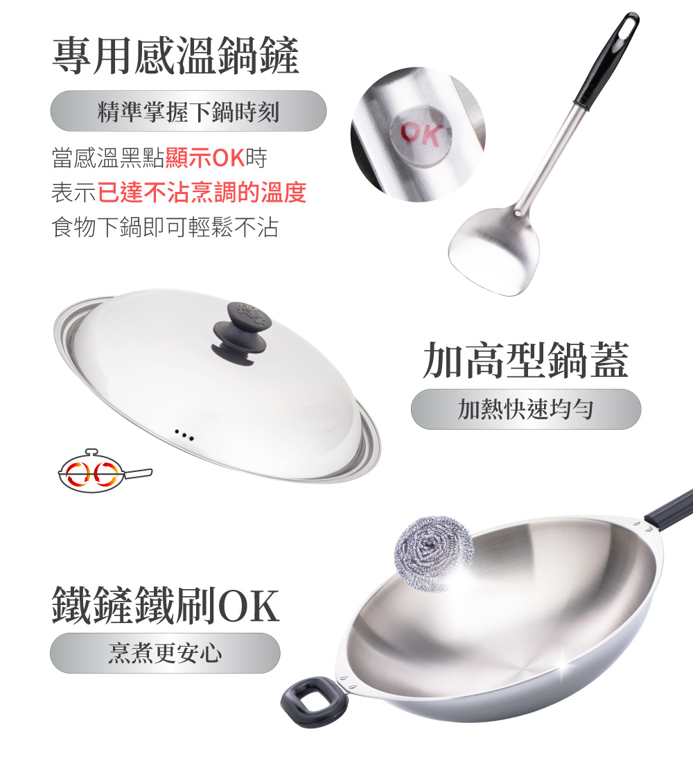 鍋寶煎大師不鏽鋼炒鍋專用感溫鍋鏟加高型鍋蓋與鐵鏟鐵刷可使用說明