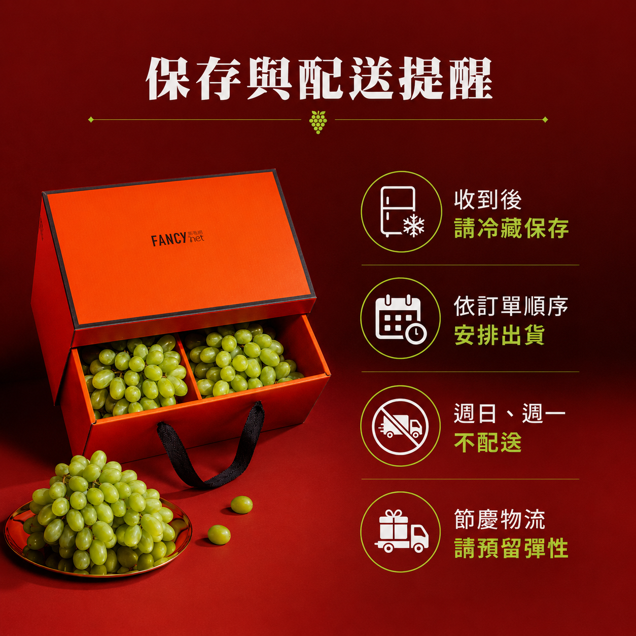 加州公爵綠精靈香水無籽葡萄保存與配送提醒,展示橘色禮盒、綠葡萄、冷藏保存與出貨資訊。