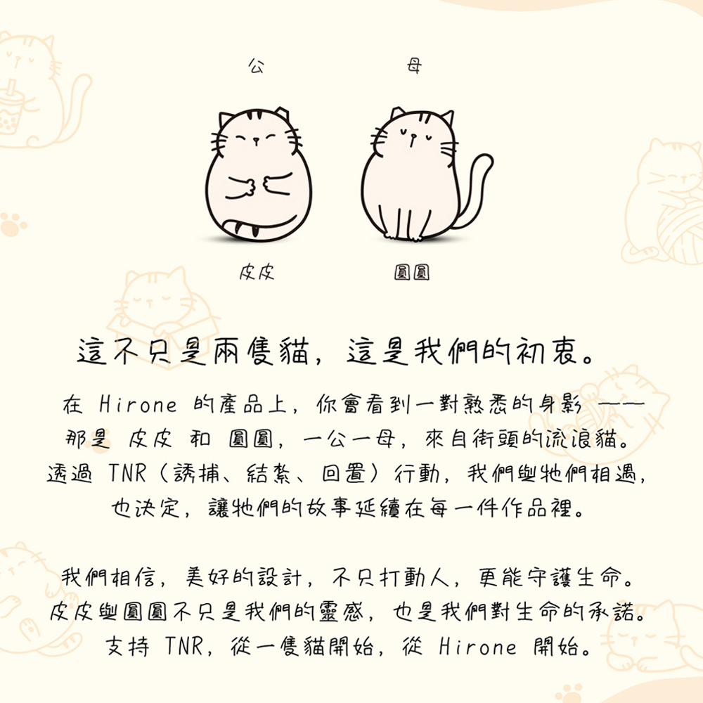 HIRONE品牌皮皮與圓圓流浪貓角色故事及TNR理念介紹