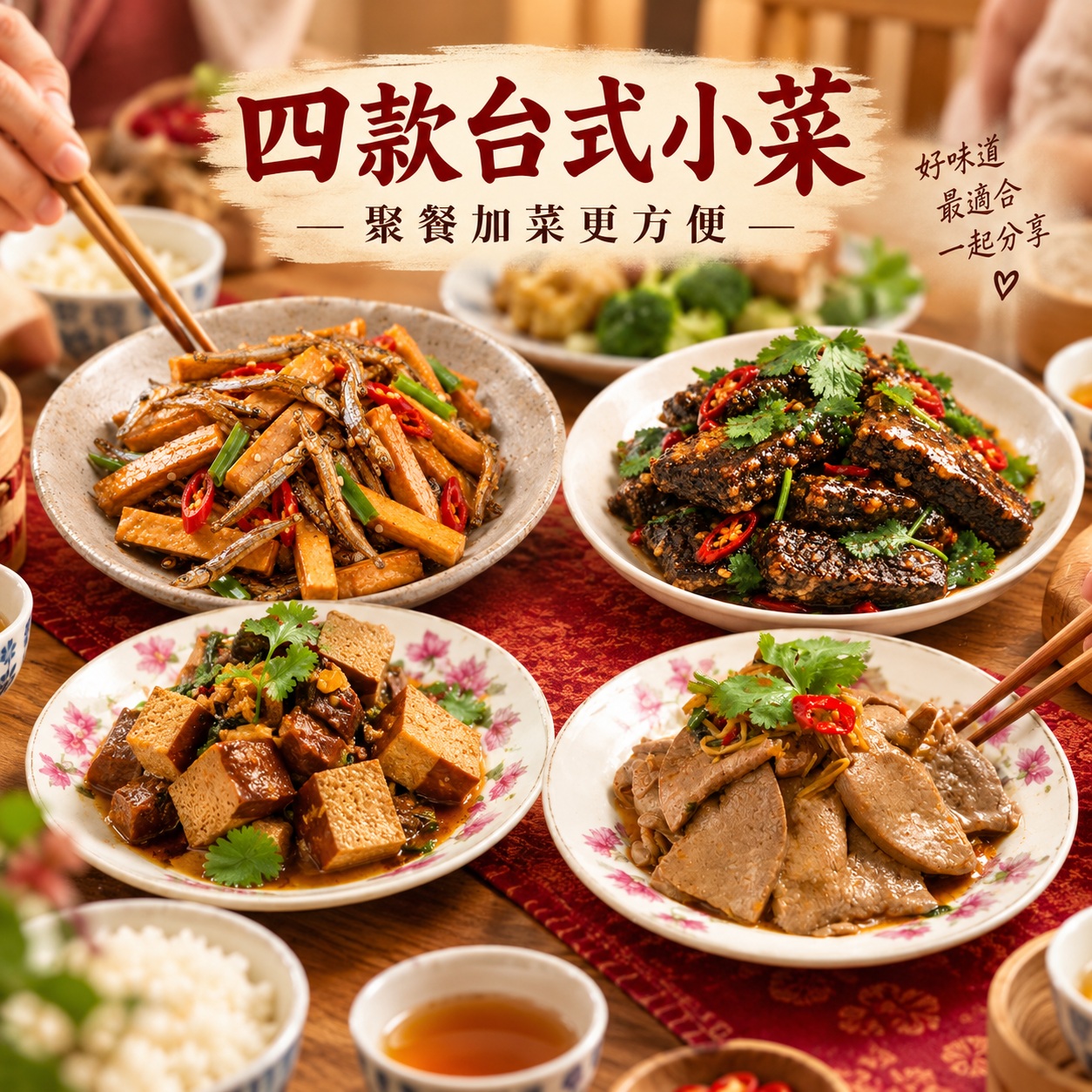 炳春海味四款台式涼拌小菜合照，小魚干豆乾、香根米血、香根豆干與經典涼拌粉肝餐桌擺盤